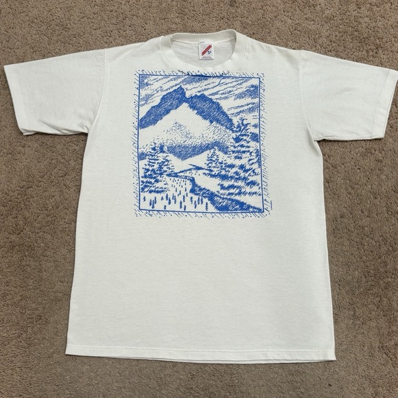 Jerzees Other - Vintage 1990 Snowy Mountains Art T-Shirt Men's Medium White Ski Snow 80s USA